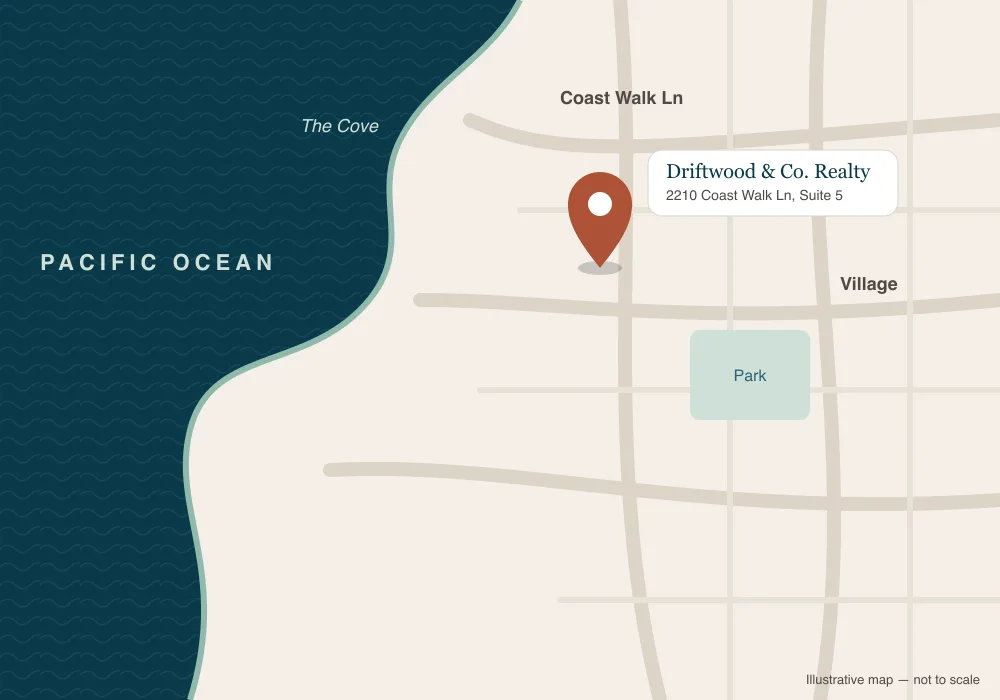Illustrated map of the La Jolla coastline with a pin marking the Driftwood & Co. Realty office near the village